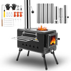 Black Wood Burning Tent Stove, 7 Section Stainless Steel Chimney, Portable Hot Tent Stove for Camping, Hunting, Ice Fishing