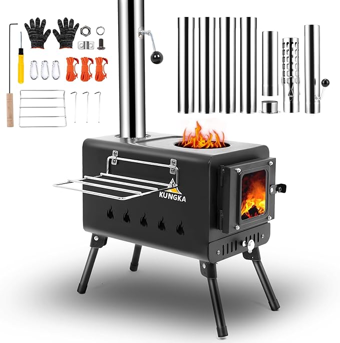 Black Wood Burning Tent Stove, 7 Section Stainless Steel Chimney, Portable Hot Tent Stove for Camping, Hunting, Ice Fishing