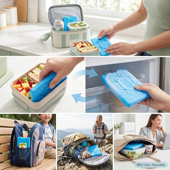 Kona 4 Pack Slim Ice Packs for Lunch Boxes & Coolers – Reusable, Quick Freeze, Space Saving Freezer Packs – Small Thin Cold Packs (Blue)