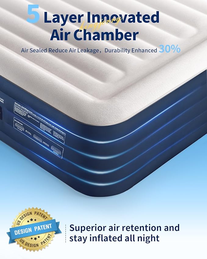 KINGJERRY Queen Air Mattress with Built-in Pump, 18" Raised Comfort Inflatable Mattress with Leak-Proof Air Chamber, 800 lbs Heavy-Duty Support, Thick & Durable Blow Up Bed for Home, Guests & Camping