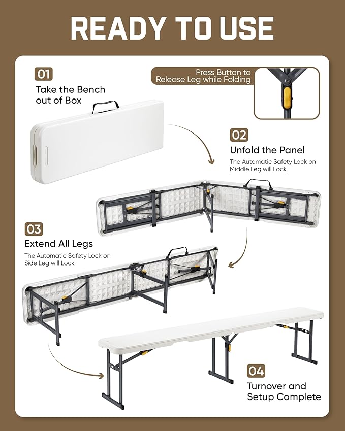 FanttikOutdoor 6ft Plastic Folding Bench with Safety Lock Carrying Handle, Portable Indoor Outdoor Bench for Party, Dining, Camping, Garden, Soccer Activities, No Assembly, 2-Pack, White Zeta I6 Pro
