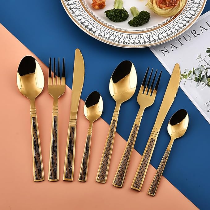 Gold Carved Handle Kitchen Utensils Set for 8 Personer Silverware Set Spoons and Forks Set Flatware Set Mirror Effect Cutlery, Integral Molding for Daily Household Use & Camping, 32-Pcs