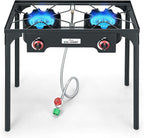 High Pressure Double Propane Burner Outdoor Camping Stove with 0-20 PSI Adjustable Regulator and Steel Braided Hose (Two Burner Stove)