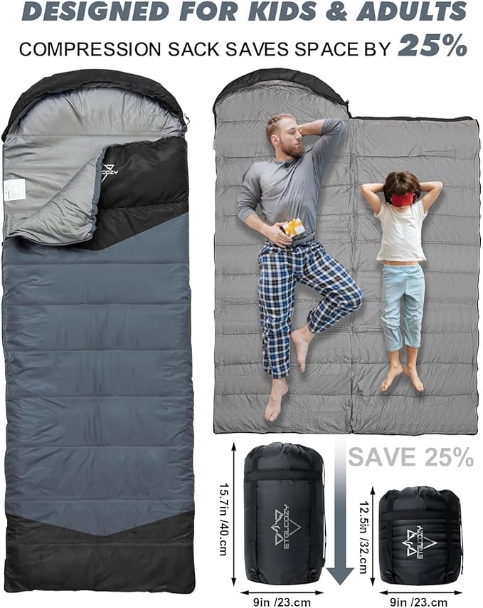 Single Sleeping Bag for Adults Kids 3-Season, Lightweight Waterproof Ripstop, Dual Zipper Bottom Vent, Compression Sack, Portable Camping Hiking Backpacking Gear
