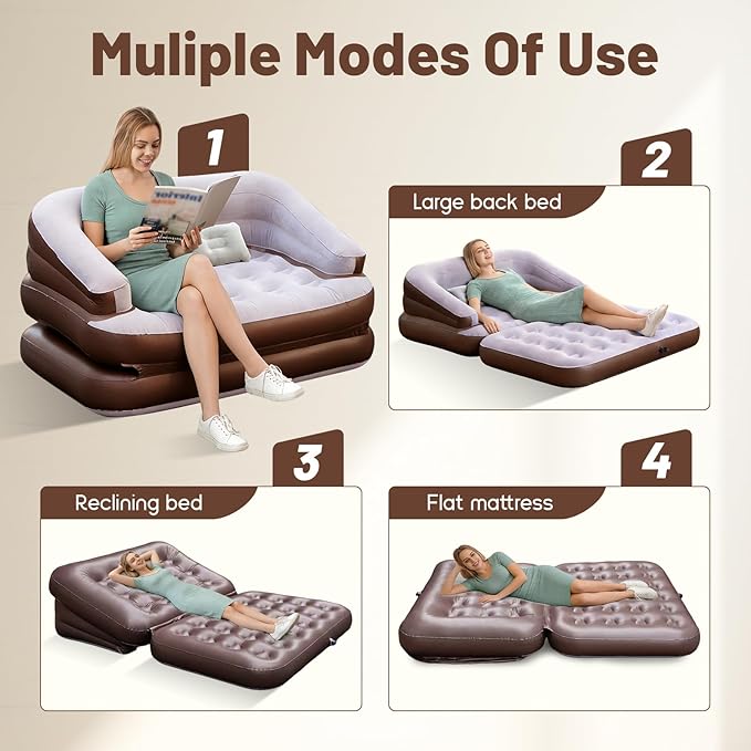 Full Size Inflatable Sofa Bed with Air Pump,2-in-1 Blow-Up Couch and Folding Air Mattress Bed for Home,Camping,and Guests