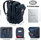 Military Tactical Backpack 50L Large Day Backpack for Men Molle Army 3 Days Assault Pack Bug Out Bag Water Resistant and Heavy Duty Hiking Treeking Rucksack - Dark Blue