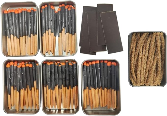 Survival Waterproof Match Kit – 20/40/60/80/100 Fire Starters with Extra Striker, Metal Tin & 20 Waxed Tinder Cords – Stormproof Windproof for Camping & Emergency (5 x Tin Matches + 20 Wax Ropes)