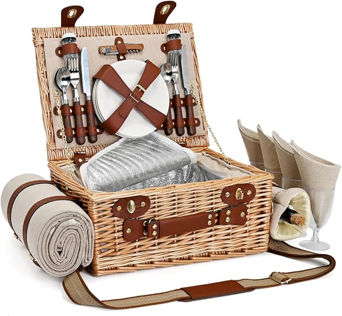 Picnic Basket with Blanket and Wine Pouch for 4, Wicker Picnic Set with Insulated Liner Cooler Bag Hamper for Camping,Wedding - Natural
