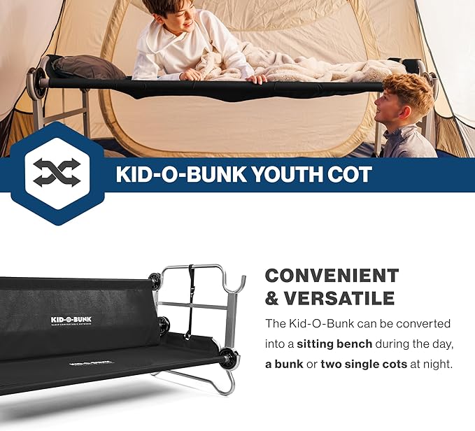 Disc-O-Bed Youth Double Cot Kid-O-Bunk, Modular for Bunk Beds, Dual Cots, or Bench with 2 Carry Bags for Portable Transport