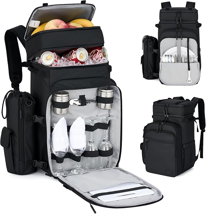 Hanke Backpack Cooler, 40 Cans Soft Leak Proof Picnic Backpack, Portable 2 Insulated Compartments Cooler Backpack Water Resistant for Lunch Beach Travel Camping Picnic Hiking,Black