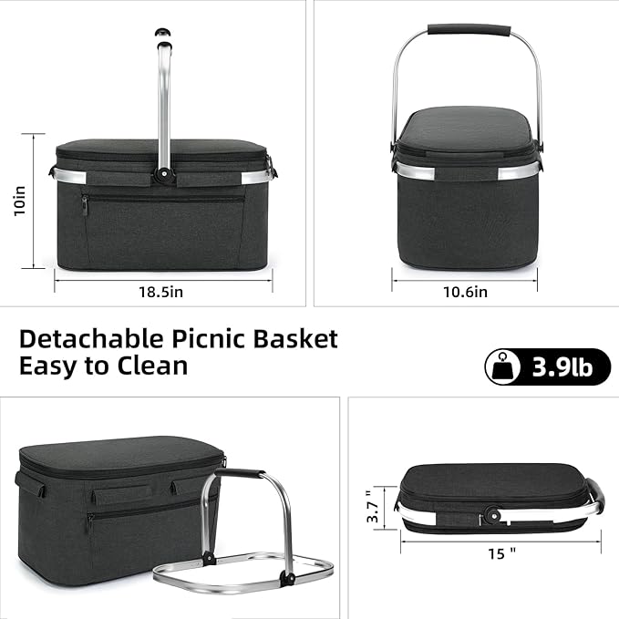 ALLCAMP Picnic Basket - 2 Ice Box Included 32L Insulated Cooler, Thickening Foldable Picnic Basket with Removable Baskets & Sewn-in Frame, Basket for House Warming Gifts New Home(Black)