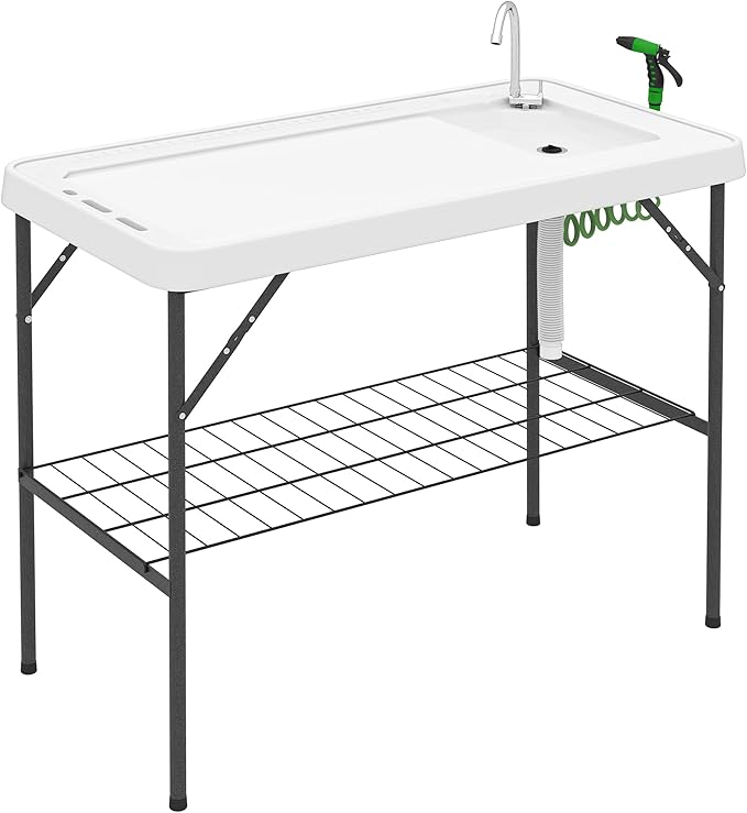 Outsunny Folding Fish Cleaning Table, Portable Camping Sink Station with Faucet, Drainage Hose, Sprayer, Grid Rack and Knife Groove, Outdoor Fillet Table for Picnic Beach Patio, White