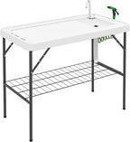 Outsunny Folding Fish Cleaning Table, Portable Camping Sink Station with Faucet, Drainage Hose, Sprayer, Grid Rack and Knife Groove, Outdoor Fillet Table for Picnic Beach Patio, White