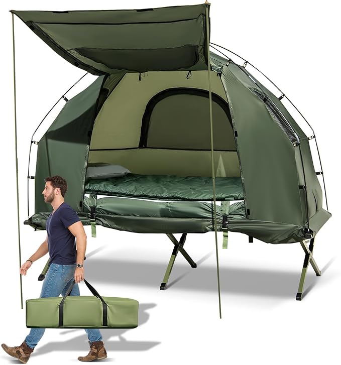GYMAX Tent Cot, 5-in-1 Folding Camping Cot with Mattress & Pillows, Sleeping Bags, Sunshade, Camping Tent Elevated with Carrying Bag for Outdoor Hiking, Fishing, Picnic