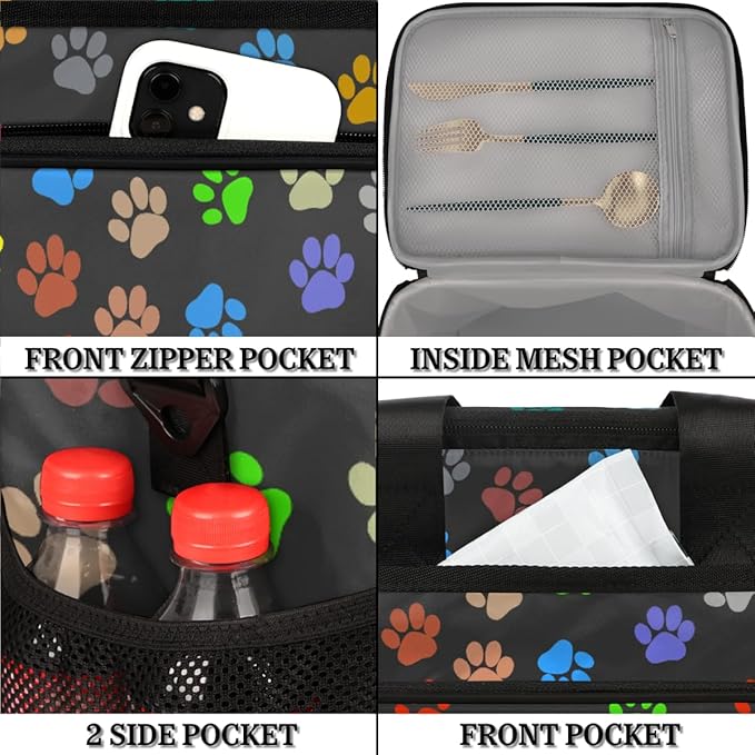 Pardick Insulated Lunch Bag, Colorful Dog Paw Print Reusable Lunch Box Leakproof Cooler Tote Bag Large Lunchbox Freezable Lunch Bag with Adjustable Shoulder Strap for Women Men Picnic Work Beach