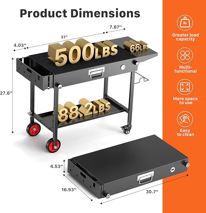 Portable Grill Table Cart with Wheels Foldable Blackstone Griddle Stand for 17"/22" Griddles, Ninja Woodfire Grill & Weber, Outdoor BBQ Prep Table with Storage Shelf Caddy for Camping, Tailgating