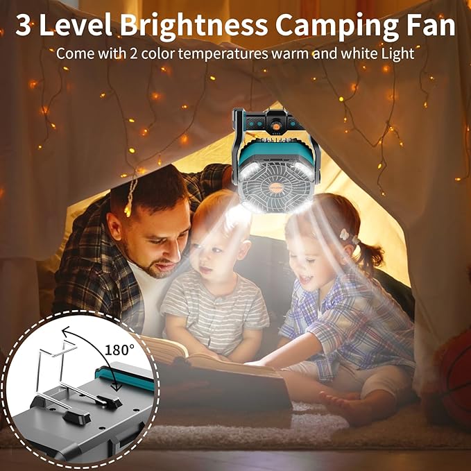 20000mAh Battery powered fan Camping essentials,Rechargeable fan Portable Battery Operated Tent with Light & Hook X26A Cyan