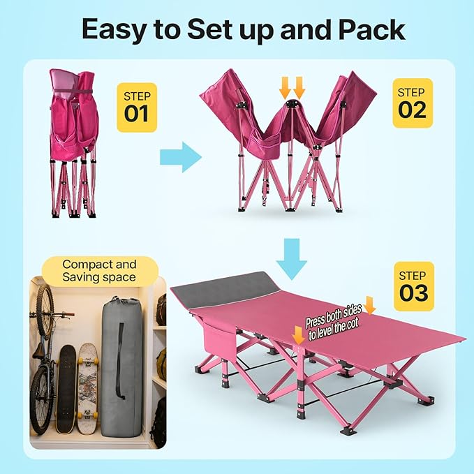 Slendor XXL Folding Camping Cot for Adults with Mattress Pillow Carry Bag, 32 inch Extra Wide Portable Sleeping Cot, 900LBS Support Outdoor Cot Bed for Office Nap Beach Travel RV