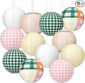 12 Pcs Camp Gingham Paper Lantern Cute Camping Bachelorette Decorations Kit Pink Green Gingham Camp Bride Supplies for Spa Wedding Bridal Engagement Baby Shower Party Decorations, 8inch