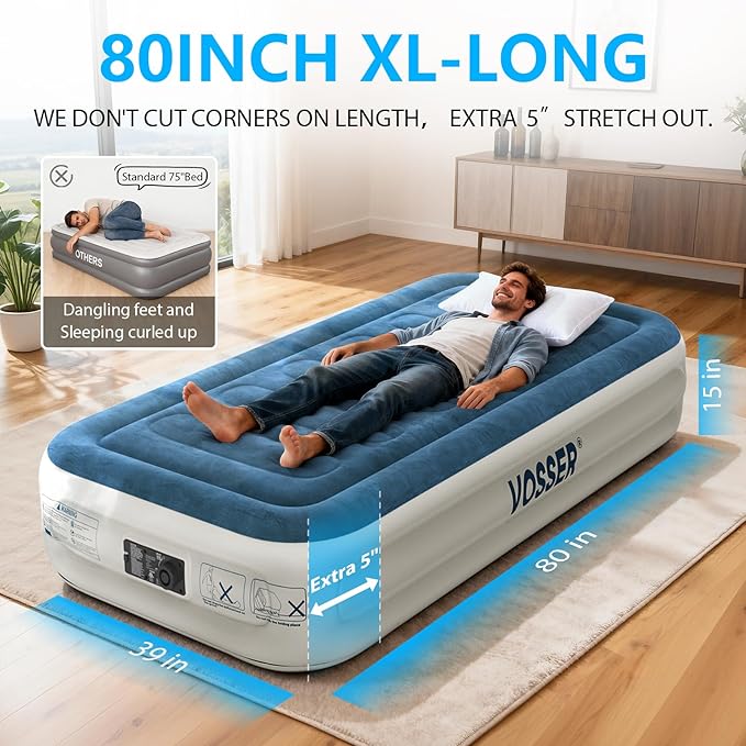 Twin Air Mattress with Built-in Pump,Fast & Easy Inflation/Deflation Inflatable Mattress, Foldable Blow Up Mattress with Storage Bag, Inflatable Bed for Home, Camping & Guests