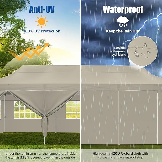 HOTEEL 10x30 Heavy Duty Pop up Canopy Tent for Parties with 8 Sidewalls, Easy Setup Outdoor Commercial Instant Gazebo for Wedding Event, with Portable Bag & Sand Bags, Khaki(Hexagonal Frame)