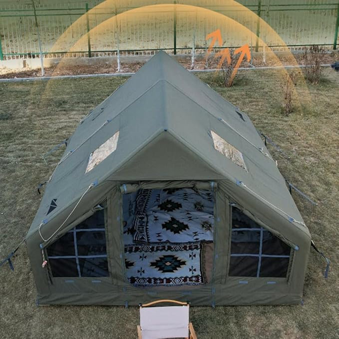Large Luxury Inflatable Camping Tent Cotton Canvas Tent, Breathable and Waterproof Air Tent with Skylight and Stove Jack Hole for for 4-6-8-10 Person Family Camping