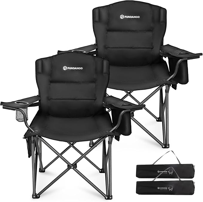 FUNDANGO Oversized Camping Chair for Adults, Heavy Duty Portable Foldable Lawn Chair with Padded Seat & Back, Lumbar Support, 4-can Cooler & Cup Holder, Carry Bag Included for Outdoor
