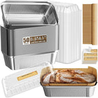 50 Pack Aluminum Loaf Pans with Lids Stickers and Parchment Paper Sheets,2.4Lb Heavy Duty Aluminum Foil Premium Bread Tins - 8.3" X 4.1" X 2.2" Disposable Baking Pans