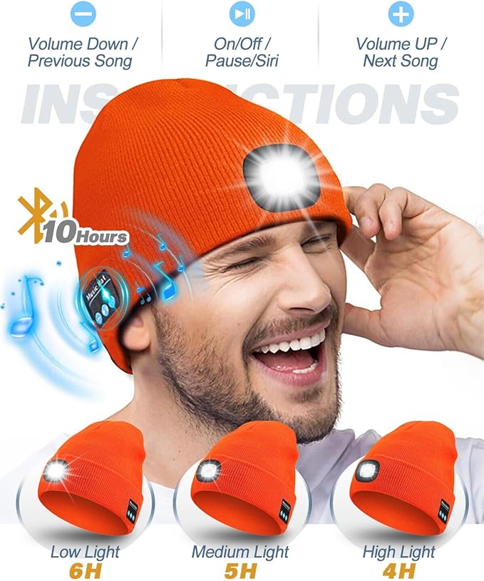 Bluetooth Beanie with Light, USB Rechargeable LED Headlamp Winter Hat, Men Women Valentine's Day Gifts
