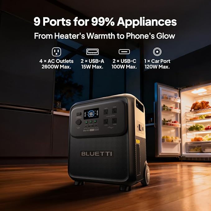 BLUETTI Elite 400 Solar Generator and Solar Charging Cable, 3840Wh LFP Batttery Backup with 2600W AC Outlets, High Capacity Portable Power Station with Wheels for Home Backup, Outage, Camping