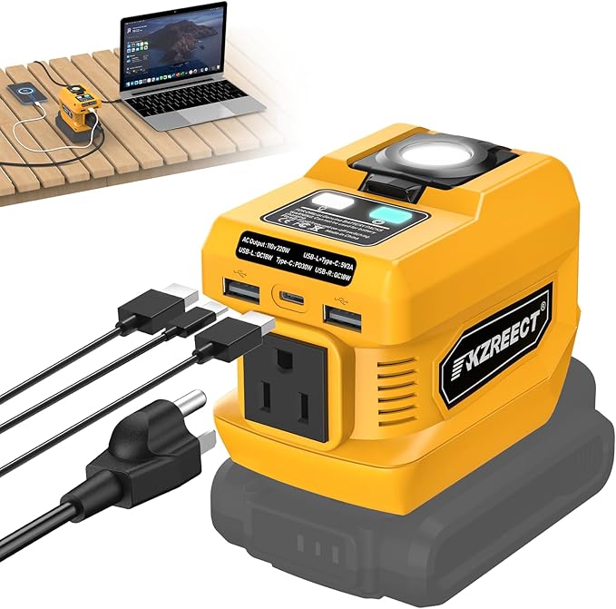220W Power Inverter Compatible with DeWalt 20V/18V Batteries (Battery Not Included), DC to 110V AC Converter with 1 AC Outlet, USB-C, Dual USB-A & 400LM LED – Outdoor, Camping, Emergency Use