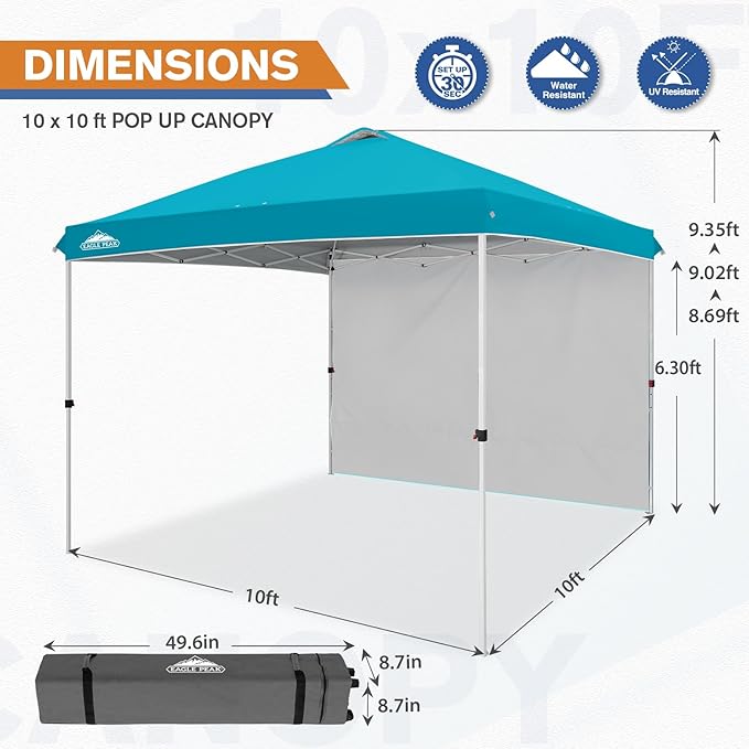 EAGLE PEAK Commercial Canopy 10x10 Pop Up Canopy Tent with 1 Sidewall, Easy Setup Heavy Duty Instant Event Shelter for Vendors & Markets, Outdoor Sun Shade, Turquoise