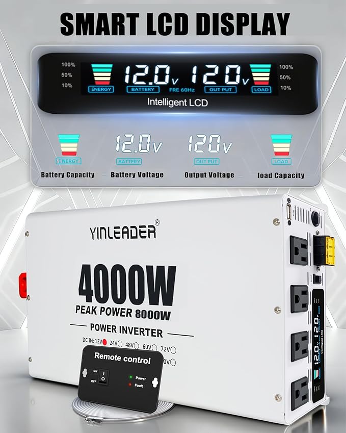 4000W Power Inverter 12V to 110V/120V, Solar Inverter Remote for RV Camping Off-Grid Solar Inverter Systems
