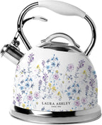 VQ Laura Ashley Wild Meadow 2.5L Stainless Steel Tea Kettle Stovetop Whistling Teapot for Induction, Gas Hob or others. Silicon Coated Cool Handle & Push Button Mechanism Vintage Stove Top Kettle