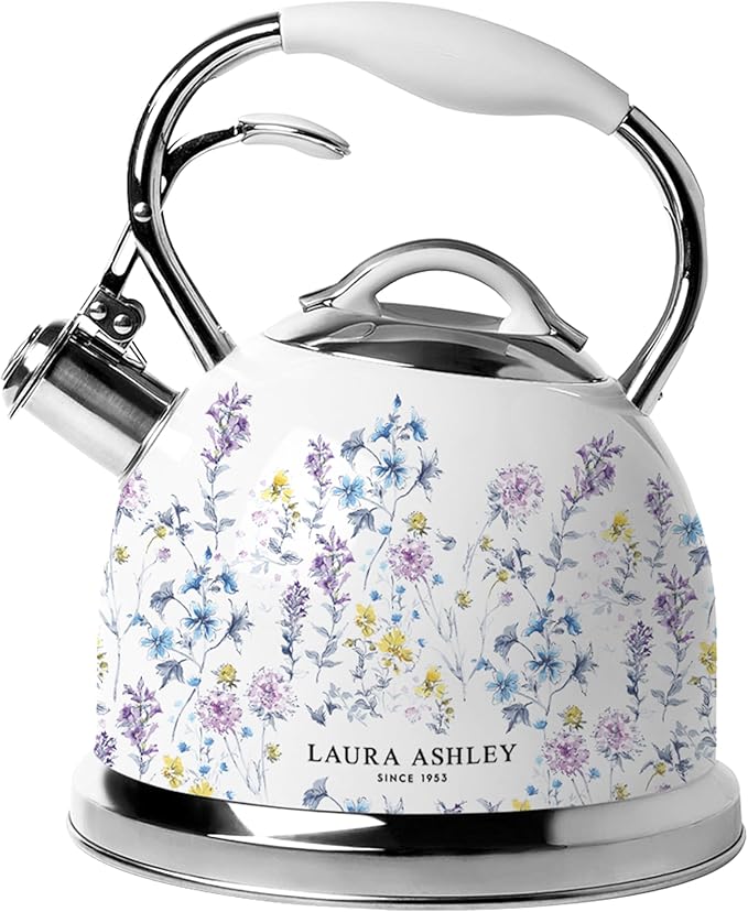 VQ Laura Ashley Wild Meadow 2.5L Stainless Steel Tea Kettle Stovetop Whistling Teapot for Induction, Gas Hob or others. Silicon Coated Cool Handle & Push Button Mechanism Vintage Stove Top Kettle