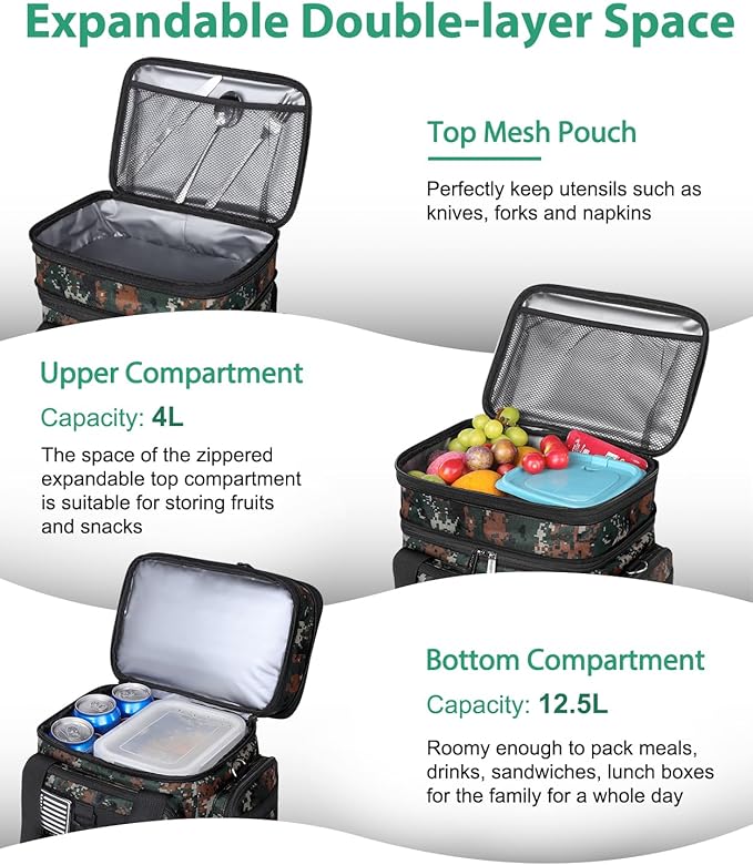 Tactical Lunch Box for Men, Large Insulated Lunch Bag for Adult, Heavy Duty Double Deck Expandable Lunch Cooler Bag with American Flag, Leakproof Soft Lunch Pail for Work Office Camping - Camo Green