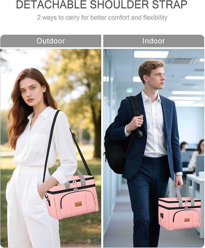 Rnivvi Lunch Box for Women, Double Decker Insulated Cooler Bag Lunch Bag Reusable Leakproof Tote Lunch Container with Strap for Work Family Picnic Hiking Camping, 18 Cans 12L, Large Adults, Rose Pink