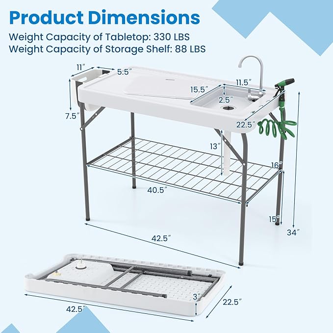 Goplus 42.5'' Folding Fish Cleaning Table with Sink and Spray Nozzle, Portable Camping Sink Table with Faucet, Drainage Hose, Grid Rack, Knife Groove, Outdoor Fish Fillet Cleaning Station for Picnic