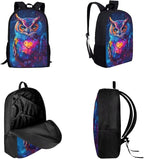 3 PCS Owl Print Travel Backpack Set for Women Men, 17 Inch Knapsack Rucksack Lunch Box with Thermal Insulated Pen Case, Black