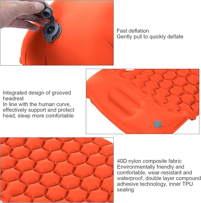 Camping Sleeping Pad Mat, Lightweight Inflatable Mattress, Sturdy 40D Nylon Fabric, TPU Laminate, for Tent Hiking Travel, Foldable Compact, Comfortable 3D Design (Orange)