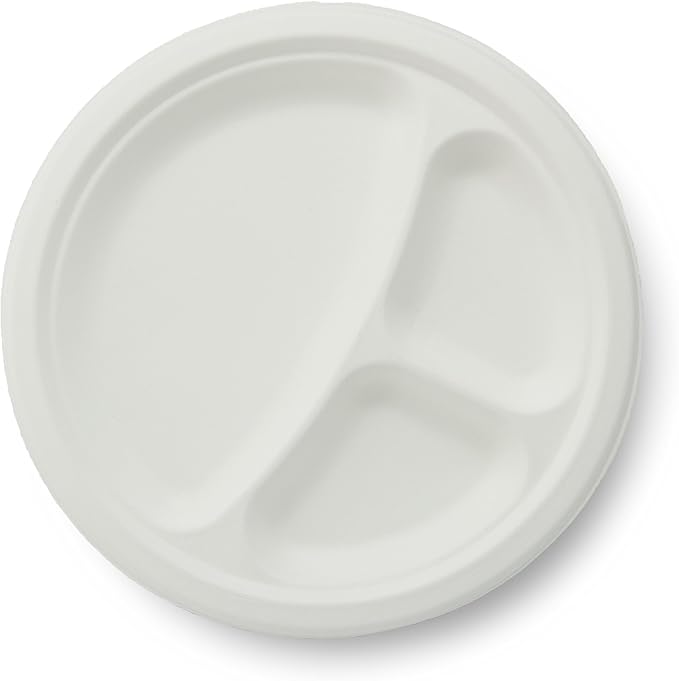 100% Compostable Natural Plant Fiber 3-Compartment Plate, 9-Inch, 500-Count Case