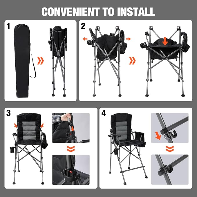 Extra Tall Folding Chairs for Adults 330lbs with Adjustable Backrest, Portable Bar Height Foldable Director Chairs with Lumbar Support, Comfortable with High Back and Footrest, Black