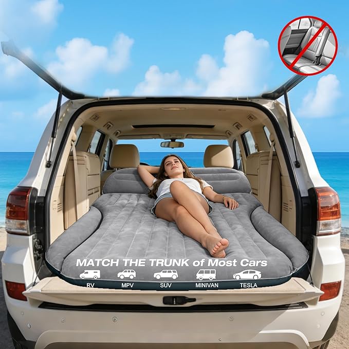 SUV Air Mattress, Double-Sided Thick Flocked Car Air Mattress with Built-in Pump & Pillow, Complete Sleeping Accessories for Auto Camping & Road Trips（Light Grey）