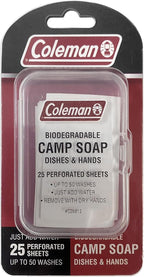 Coleman Camp Soap Sheets – 25 Travel Soap Sheets for Camping, Hiking & Backpacking – Perforated for 50 Washes, Dissolves Instantly in Hot or Cold Water, TSA-Approved for Travel