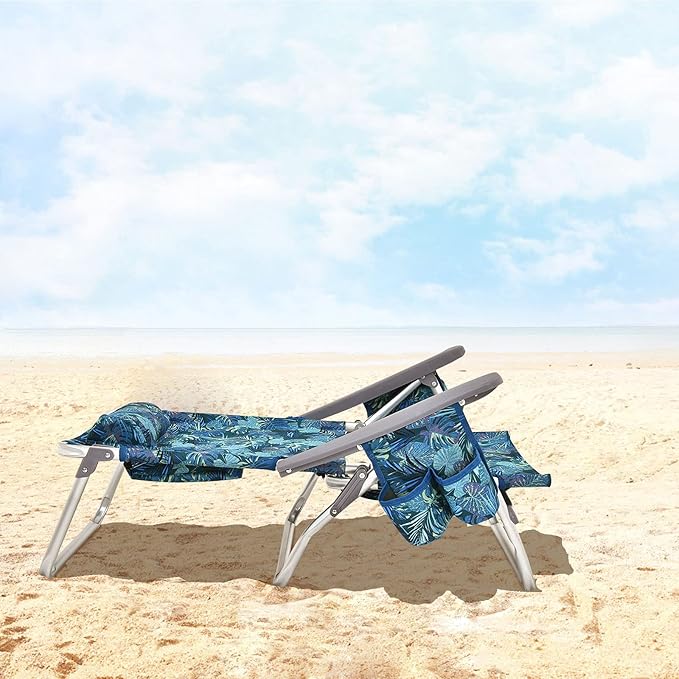 Giantex Folding Beach Chair, Patio Sling Chairs with 5 Adjustable Position, Head Pillow, Storage Bag, Towel Bar, Cup Holders, Backpack Chairs for Sunbathing, Camping Chair