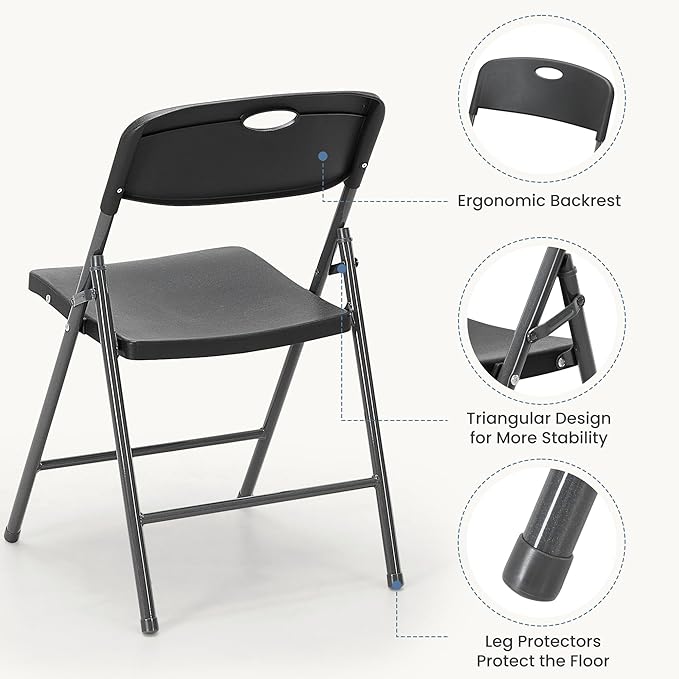 DUMOS 4 Pack Folding Chairs Heavy Duty with Ergonomic Back - Plastic Stackable Portable Dining Chiars Set, for Home and Office, Conference, Wedding, Party, Patio, Garden, for Indoor Outdoor, Black