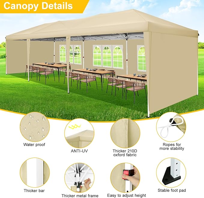 COBIZI 10x30 Pop Up Canopy Tent with 5 Sidewalls, Waterproof Party Tent for Wedding Backyard Events, Commercial Outdoor Shelter with Sandbags, Khaki