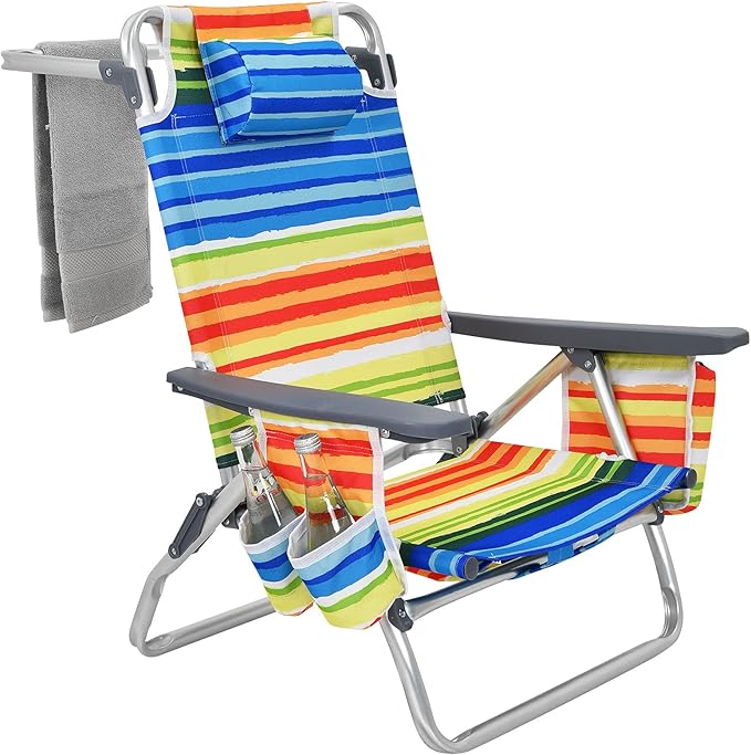 Giantex Folding Beach Chair, Patio Sling Chairs with 5 Adjustable Position, Head Pillow, Storage Bag, Towel Bar, Cup Holders, Backpack Chairs for Sunbathing, Camping Chair