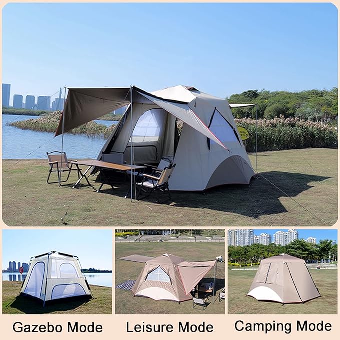 Automatic Pop Up Ultralight Dome Tents, 4 Seasons & Windproof Family Camping Tent with Removable Outer Tarpaulin, Double Layers(Brown)
