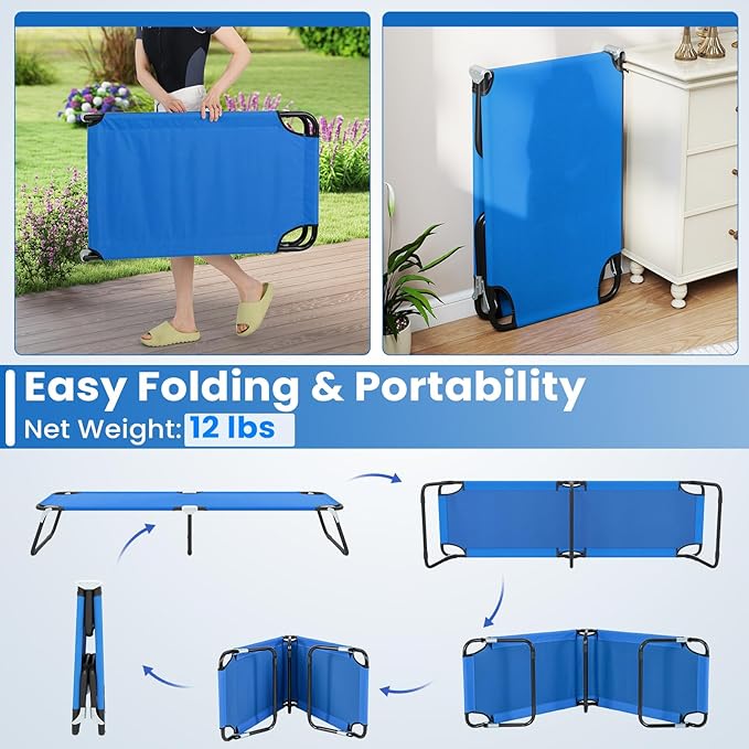 Giantex Folding Camping Cot for Adults, Portable Sleeping Cot Bed with 600D Oxford Fabric, Heavy Duty Frame, 350Lbs Capacity, 1-Step Use, Outdoor Lounge Chair for Sleepover Hiking, Home & Office, Blue